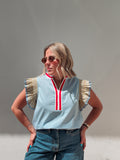 Blue Stripe Ruffle Top