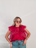 Fuchsia & Black Polka Dot Ruffle Blouse