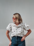 White & Black Polka Dot Ruffle Top