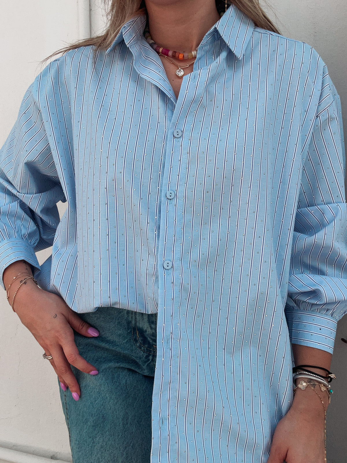 Light Blue Striped Rhinestone Blouse