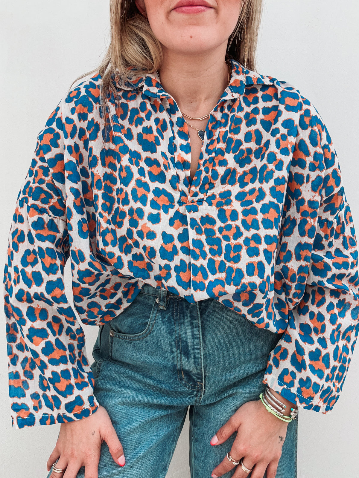 Royal Blue & Orange Leopard Blouse