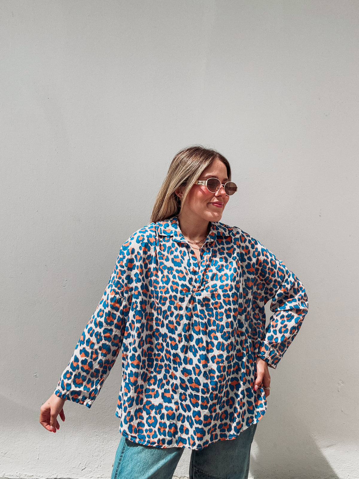 Royal Blue & Orange Leopard Blouse