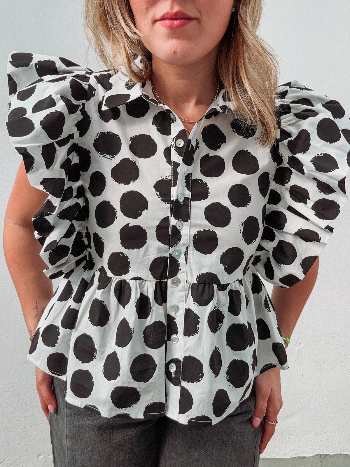 Black Ruffle Polka Dot Blouse