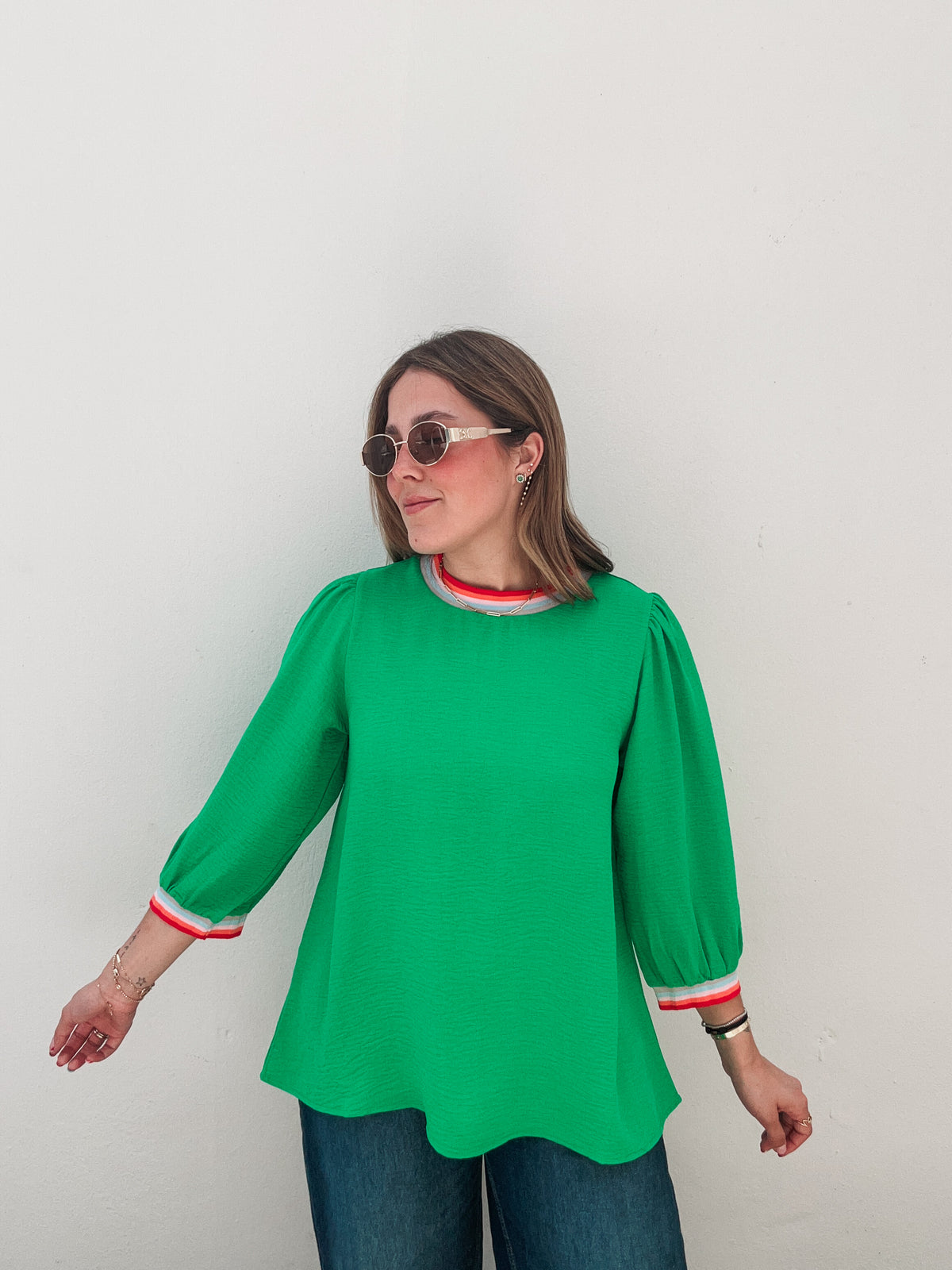 Green Rainbow Stripes Blouses