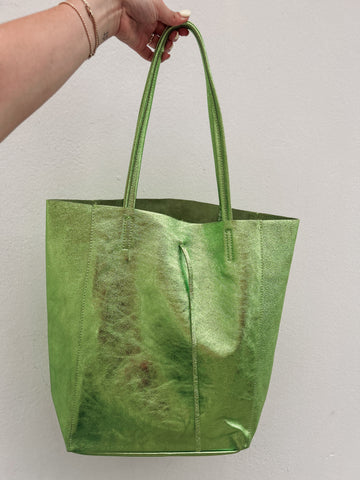 Kiwi Green Metallic Leather Tote