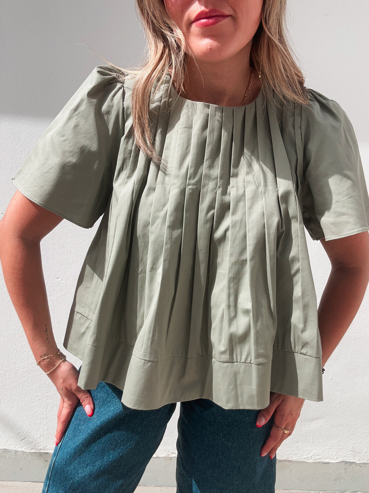 Olive Pleated Top