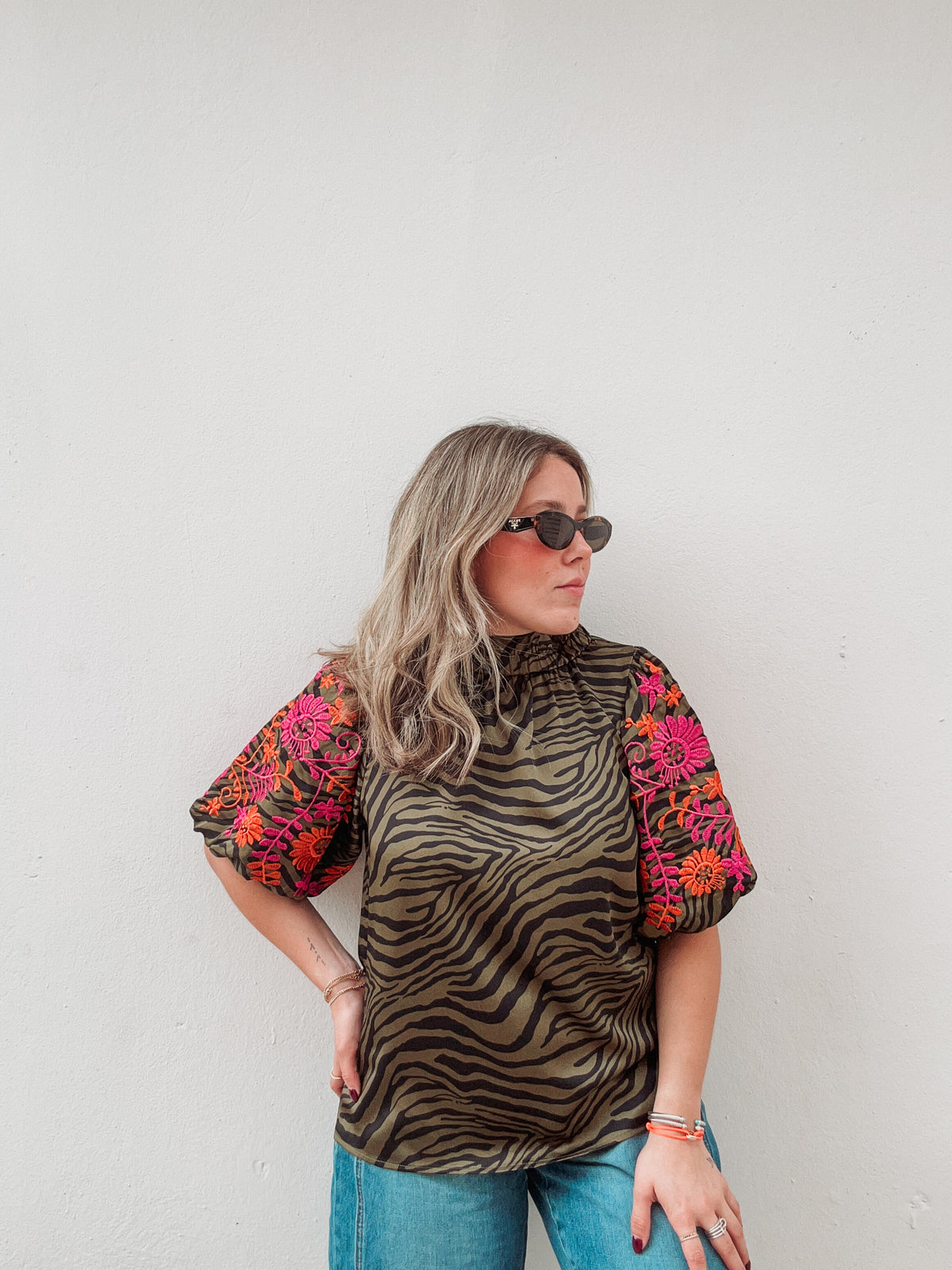 Zebra Olive Embroidered Blouse