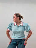 Light Blue Lace Rhinestones Buttons Top