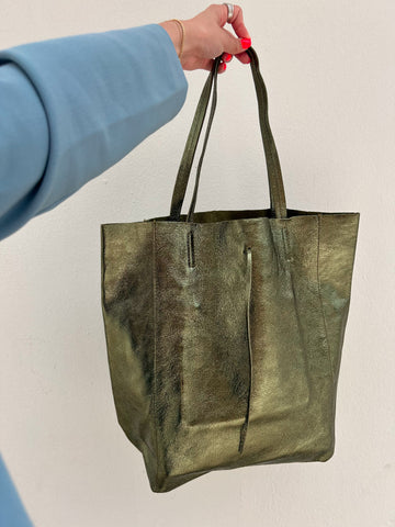 Olive Green Metallic Leather Tote