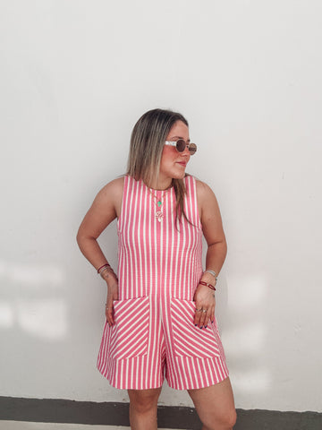 Bubblegum Pink Striped Pocket Romper