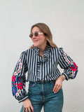 Blue Stripes Embroidered Blouse