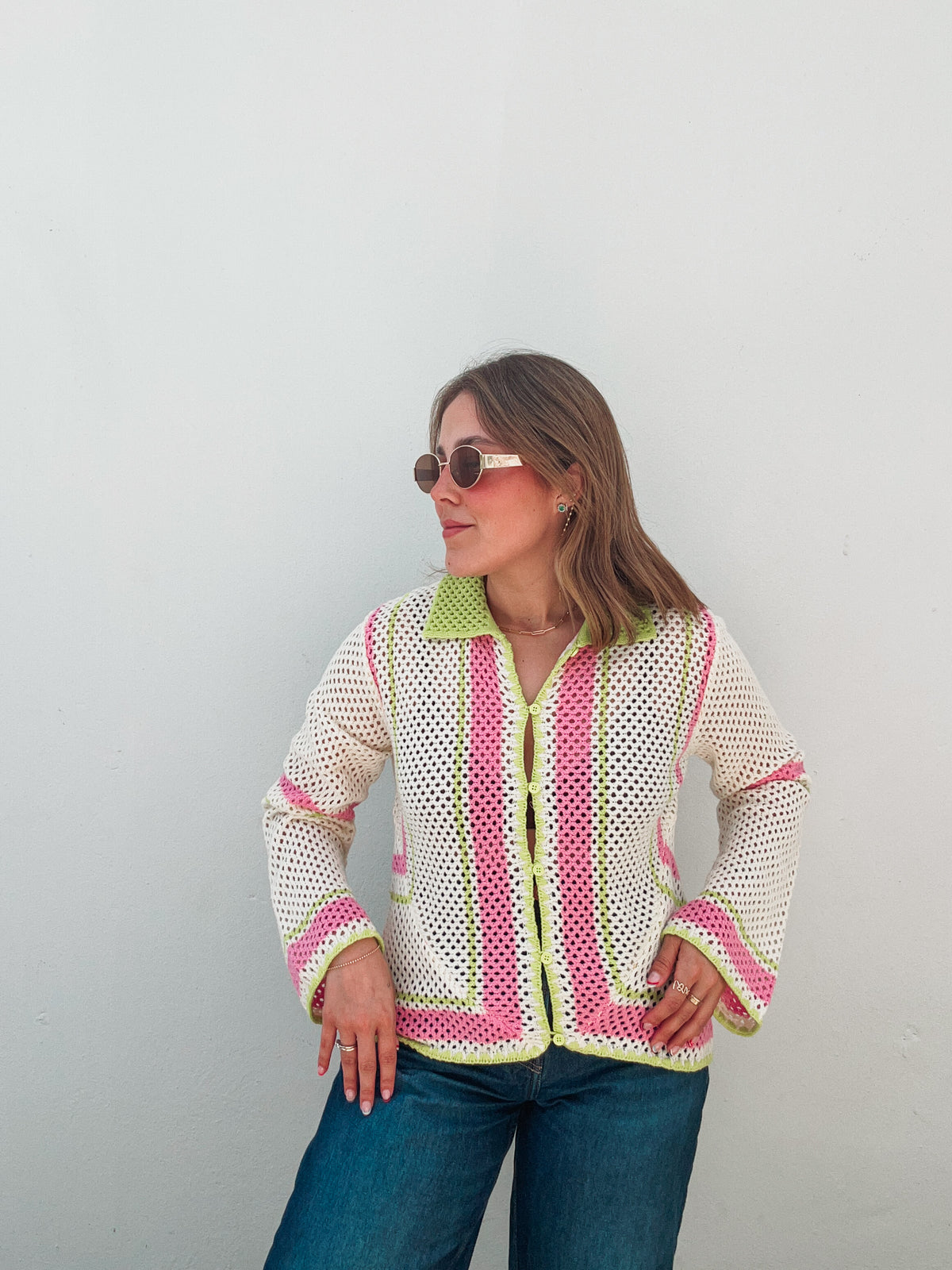 Lime, Pink & Vanilla Crochet Cardigan