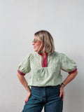 Mint Embroidered Stripe Fuschia Collared Top