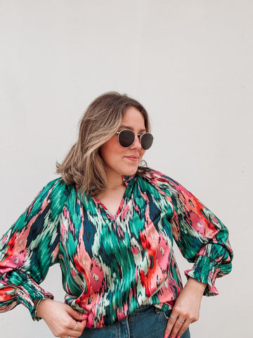 Teal & Pink Printed Blouse