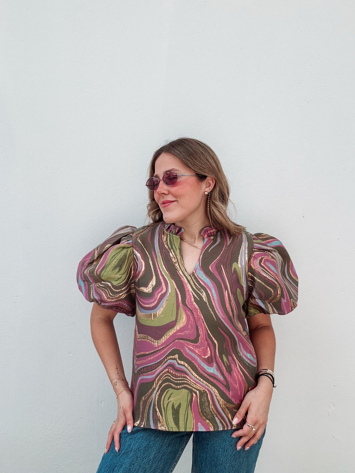 Olive & Pink Metallic Marble Blouse