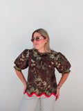 Olive Floral Red Wavy Hem Blouse