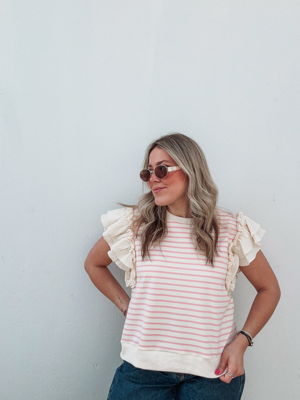 Pink Striped Ruffle Blouse