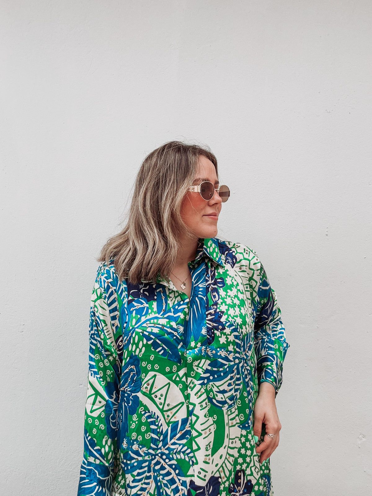 Tropical Leaves Blue Sequin Printed Dress