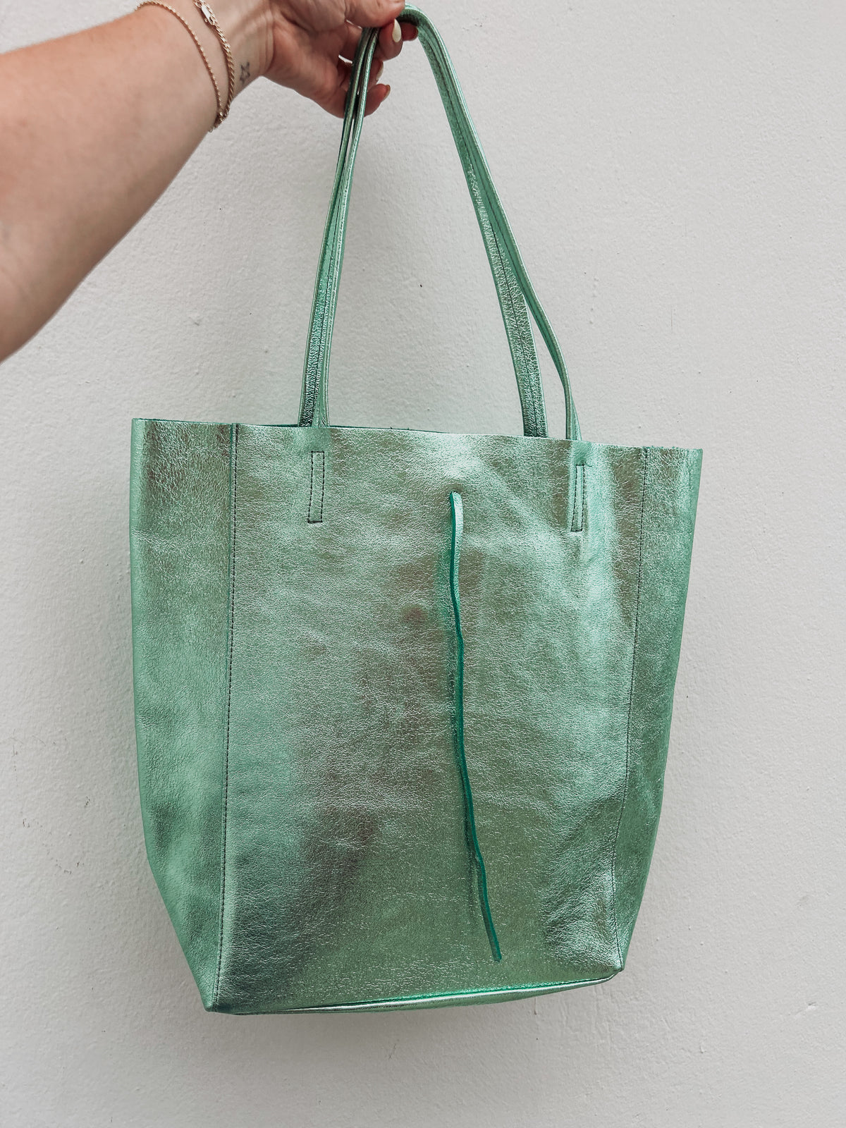 Aqua Mint Metallic Leather Tote