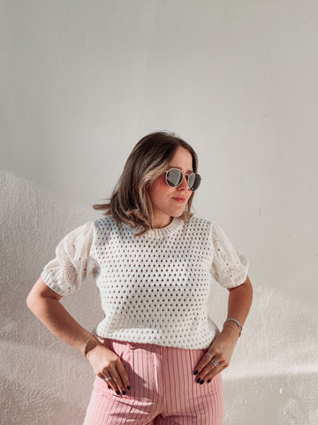 Off White Knit Eyelet Sleeve Top