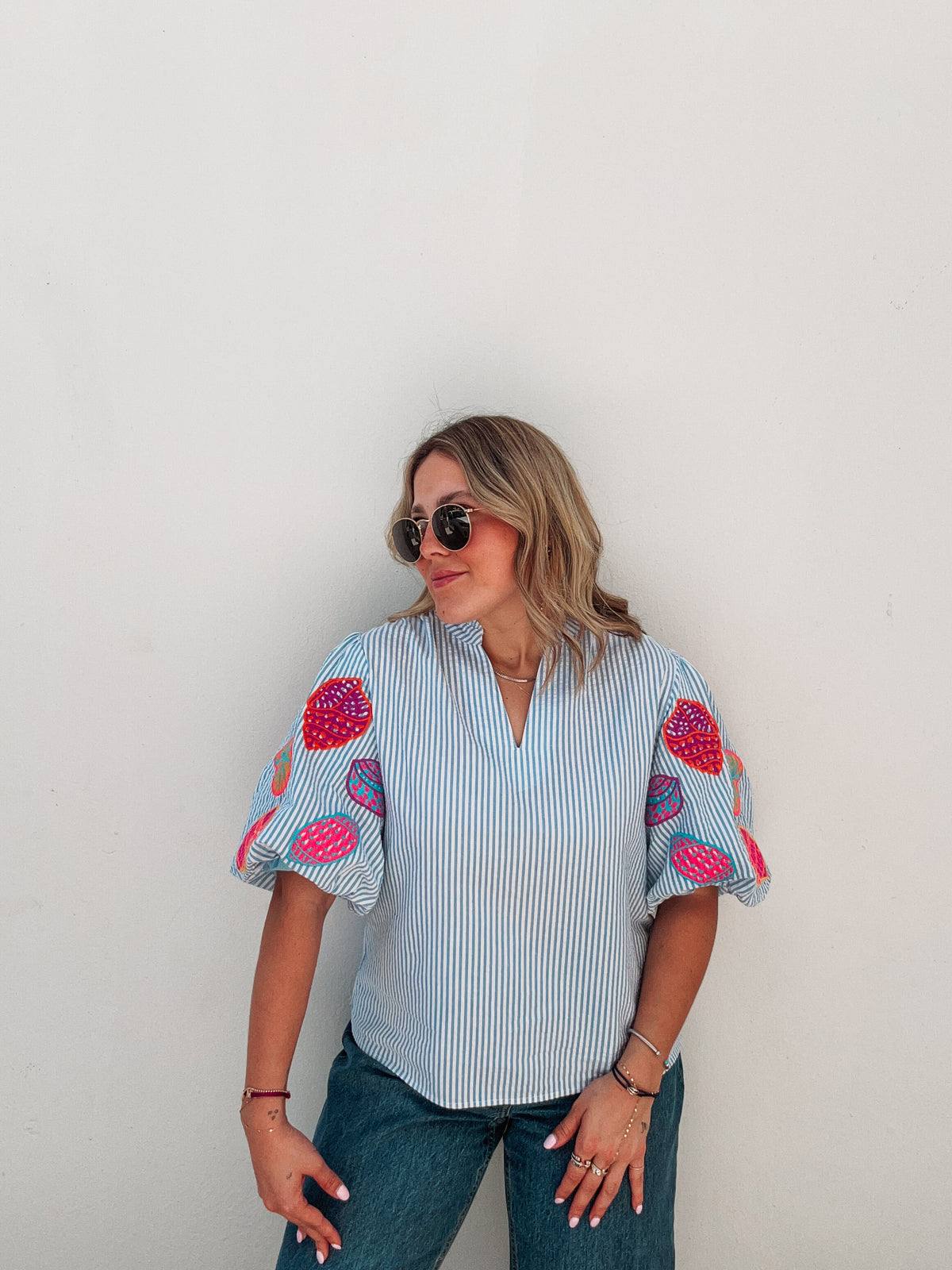 Blue & White Striped Embroidered Seashells Blouse