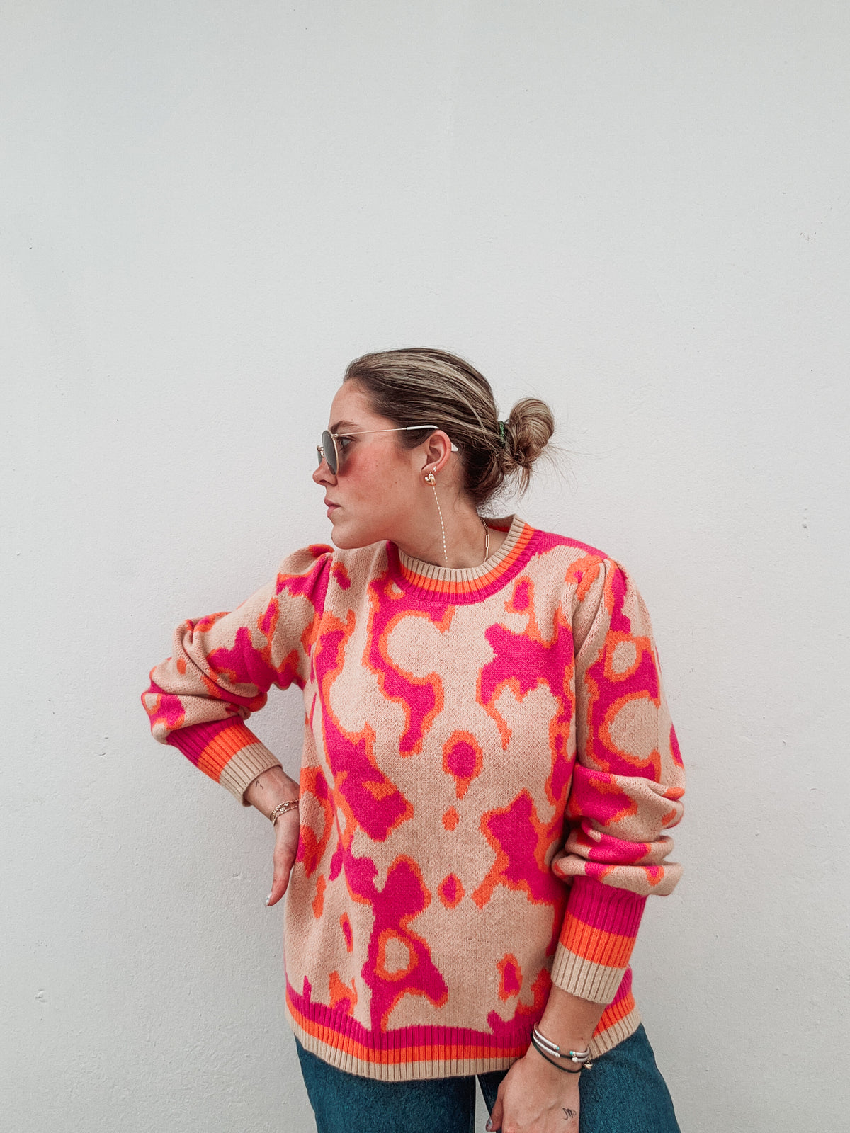 Orange & Pink Printed Sweater