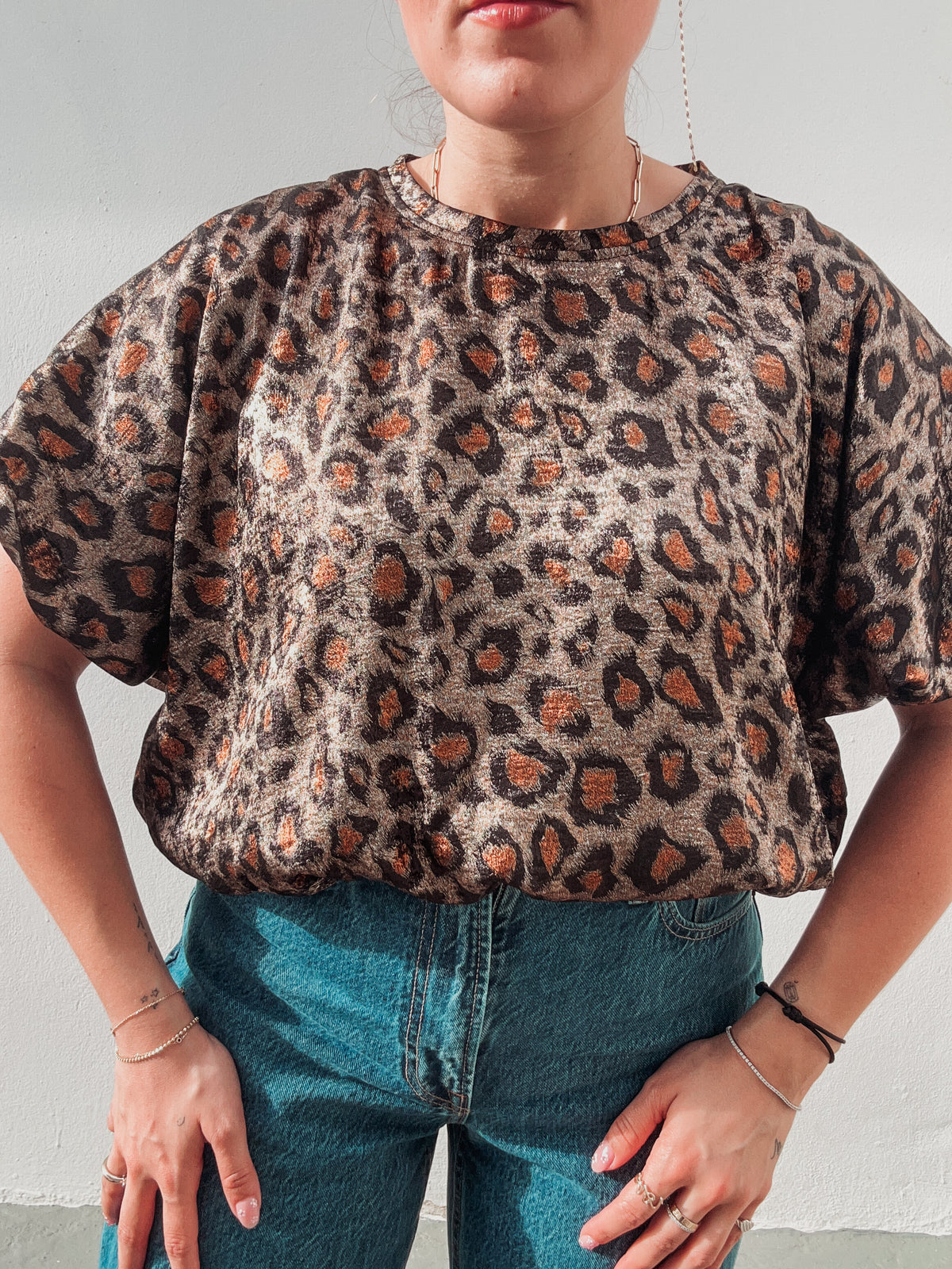Leopard Metallic Bubble Blouse