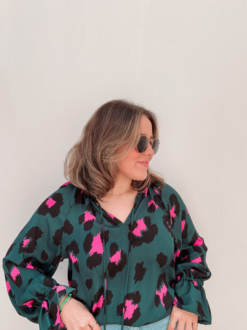 Teal & Pink Leopard Blouse