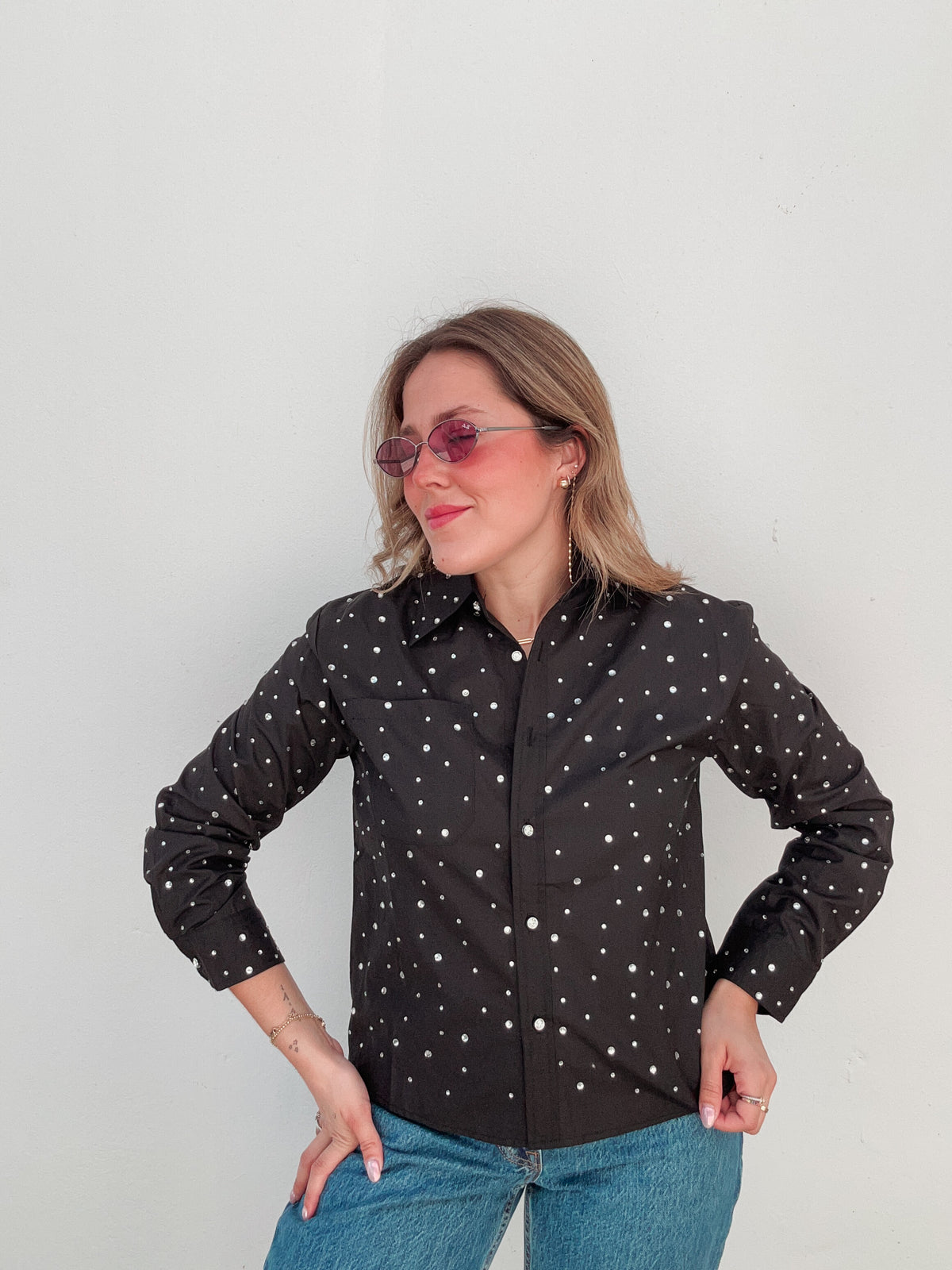 Black Rhinestone Button Down