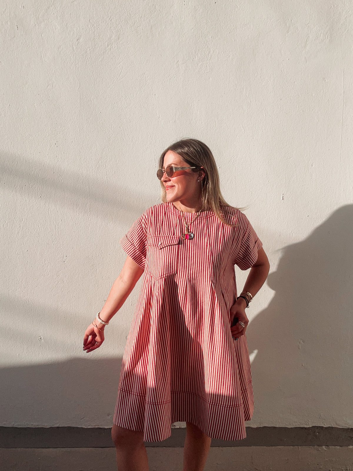 White & Red Striped Denim Dress