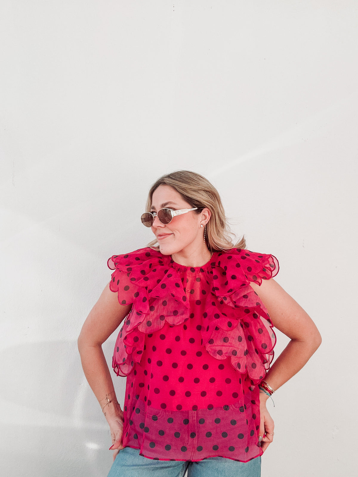 Fuchsia & Black Polka Dot Ruffle Blouse – Shop Oli Oli