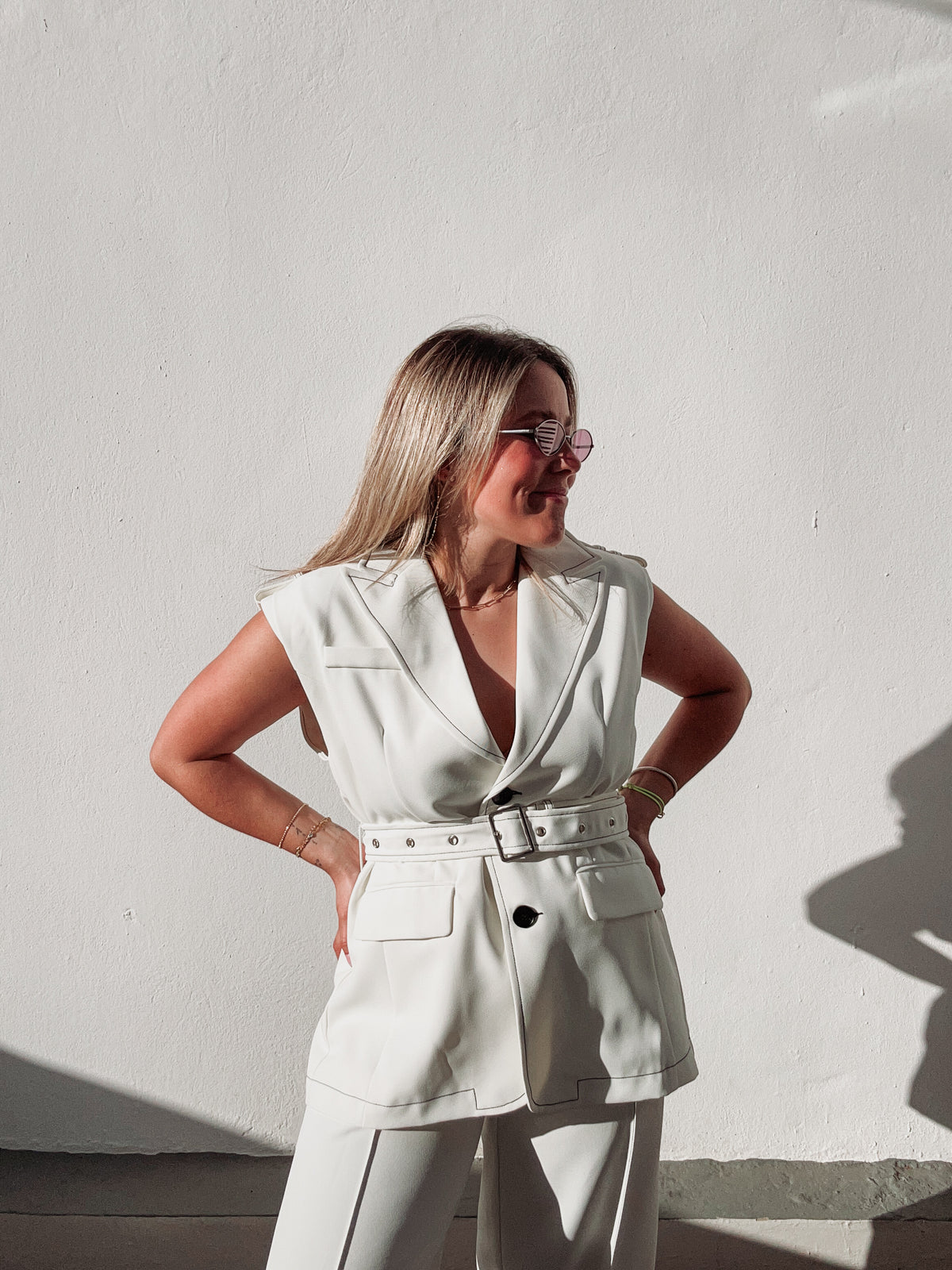 White & Black Stitch Vest Set