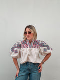 Sand & Navy Embroidered Gingham Top