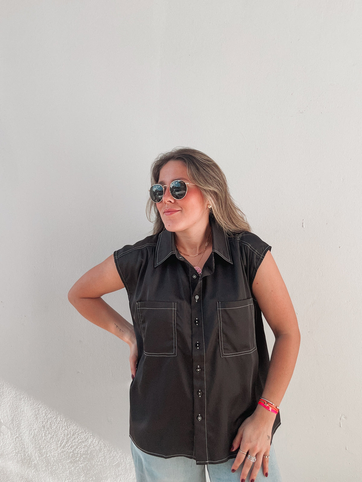 Black & White Stitched Pocket Blouse