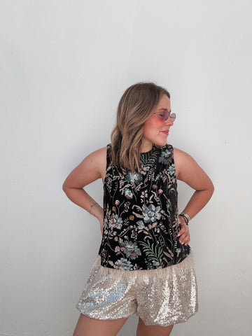 Black Gardenia Floral Embroidered Feathers Top