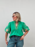 Green & Orange Embroidered Flower Top