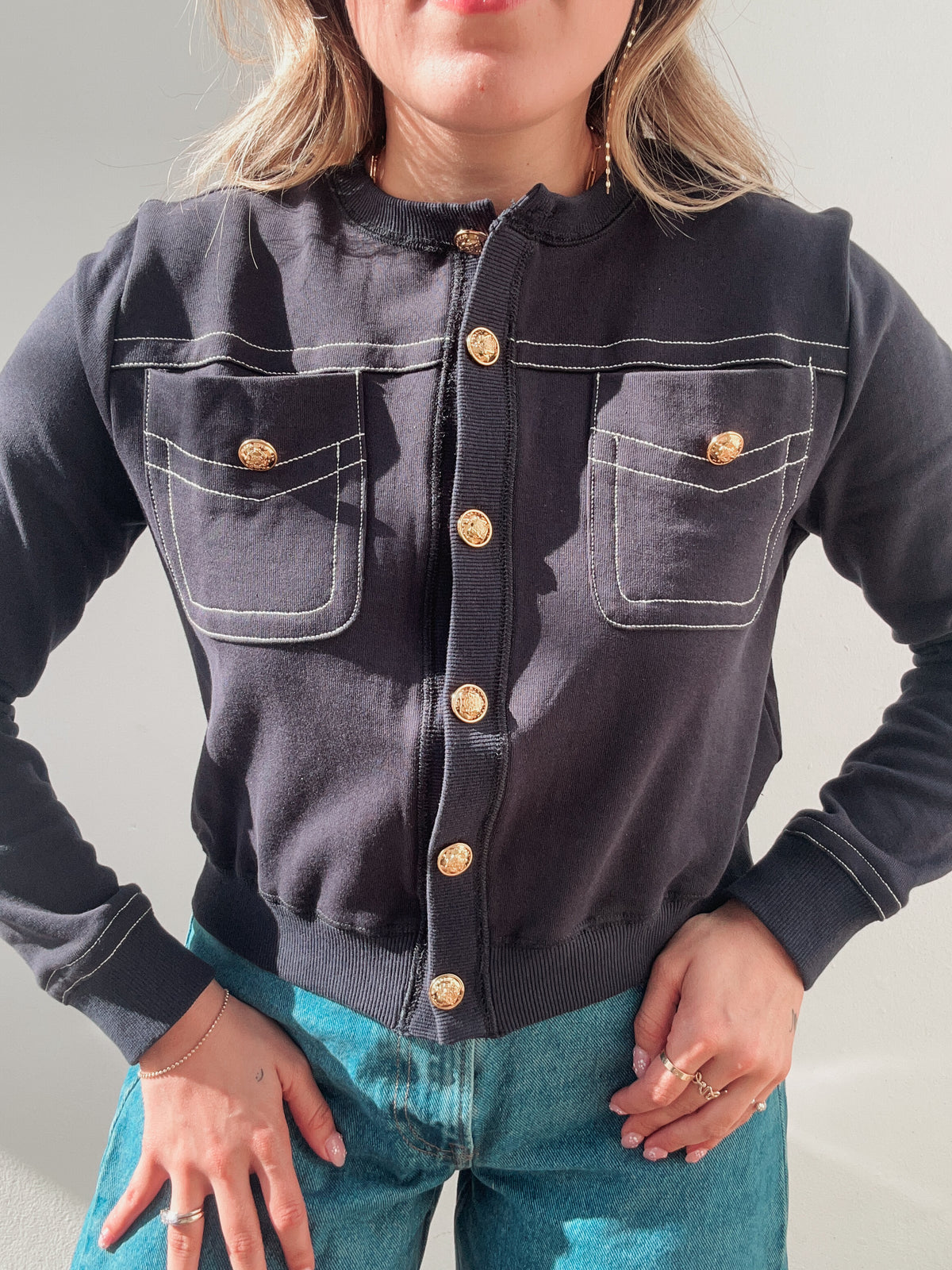 Navy & White Stitched Light Cardigan