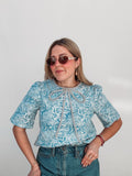 Blue Textured Bow Rhinestone Top