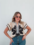 Cream & Black Embroidered Blouse