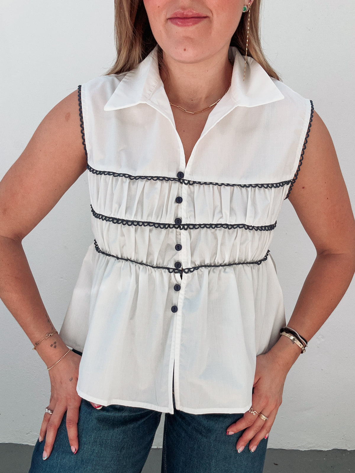 White &  Navy Trim Blouse