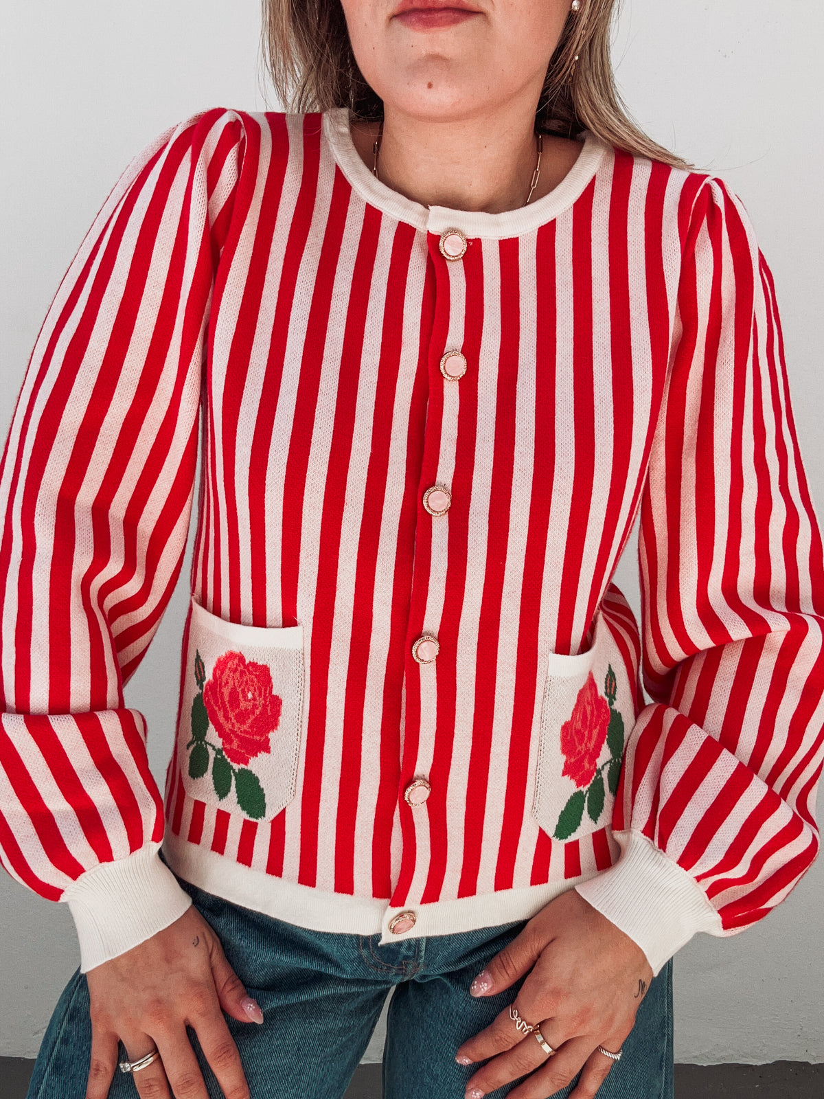 Red & White Striped Floral Sweater