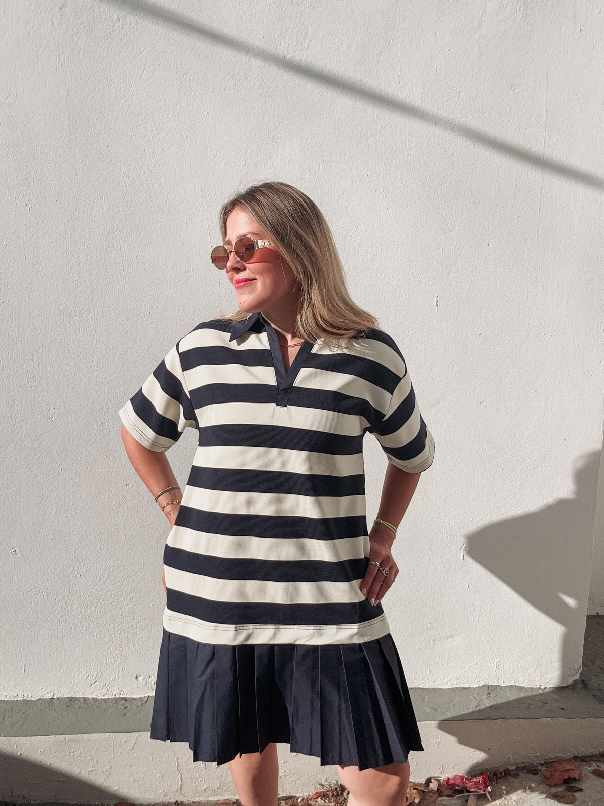Navy Striped Pleated Skirt Dress