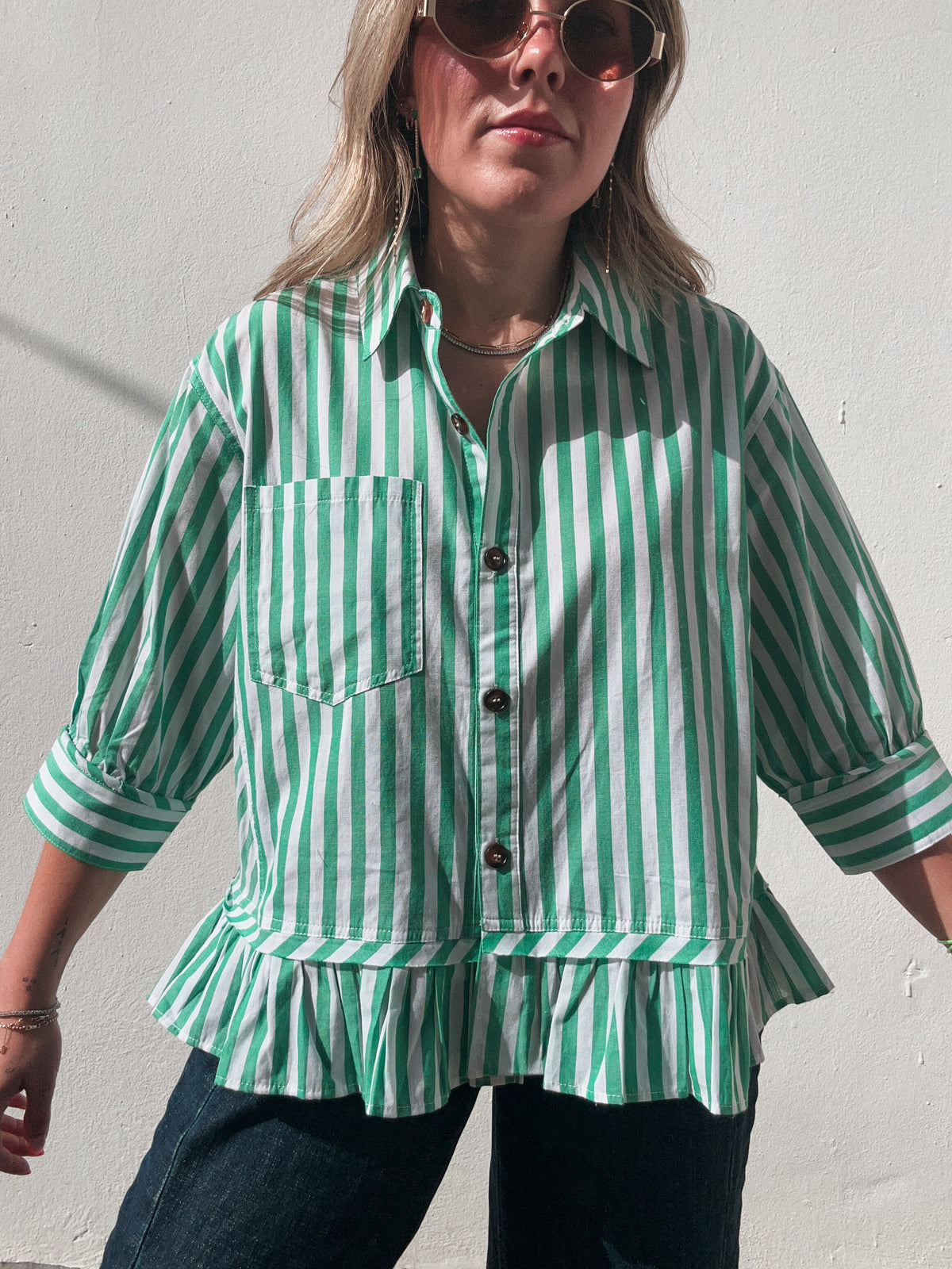 Green Striped Button Blouse