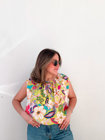 Chartreuse & Pink  Printed Blouse