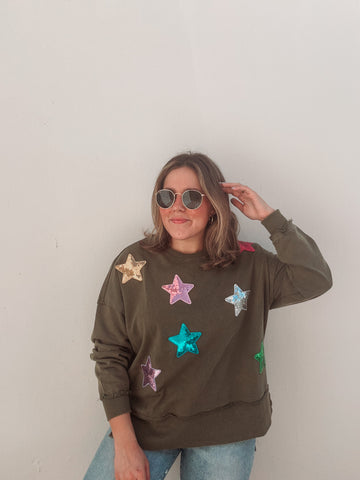 Sequin Stars Washed Olive Sweatshirt
