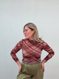 Green & Brown Mesh Plaid Top
