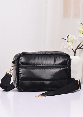Glossy Black Quilted Crossbody Bag