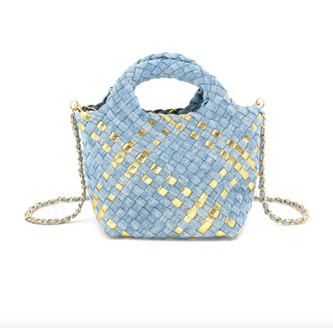 Denim & Gold Woven Crossbody Tote