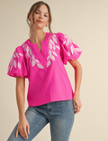 Hot Pink Feather Embroidered Blouse