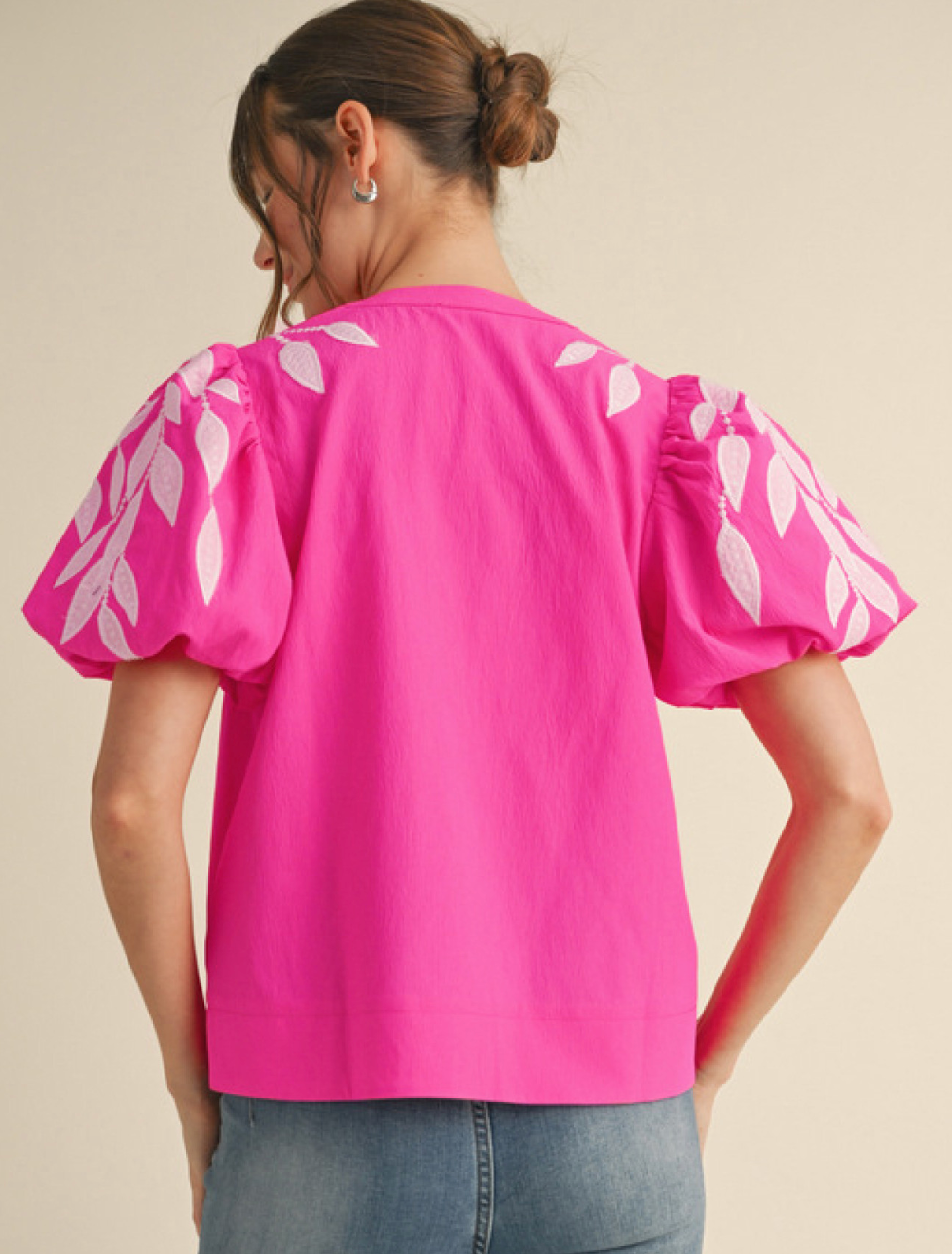 Hot Pink Feather Embroidered Blouse